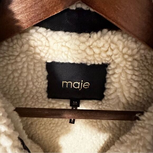 Maje Black Sherpa Teddy lined Cotton Denim‎ jacket size 38 Medium - Picture 10 of 12